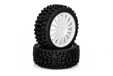 MAXI CROSS 1/8 Pre glued BUGGY Tyres on white spokes wheels